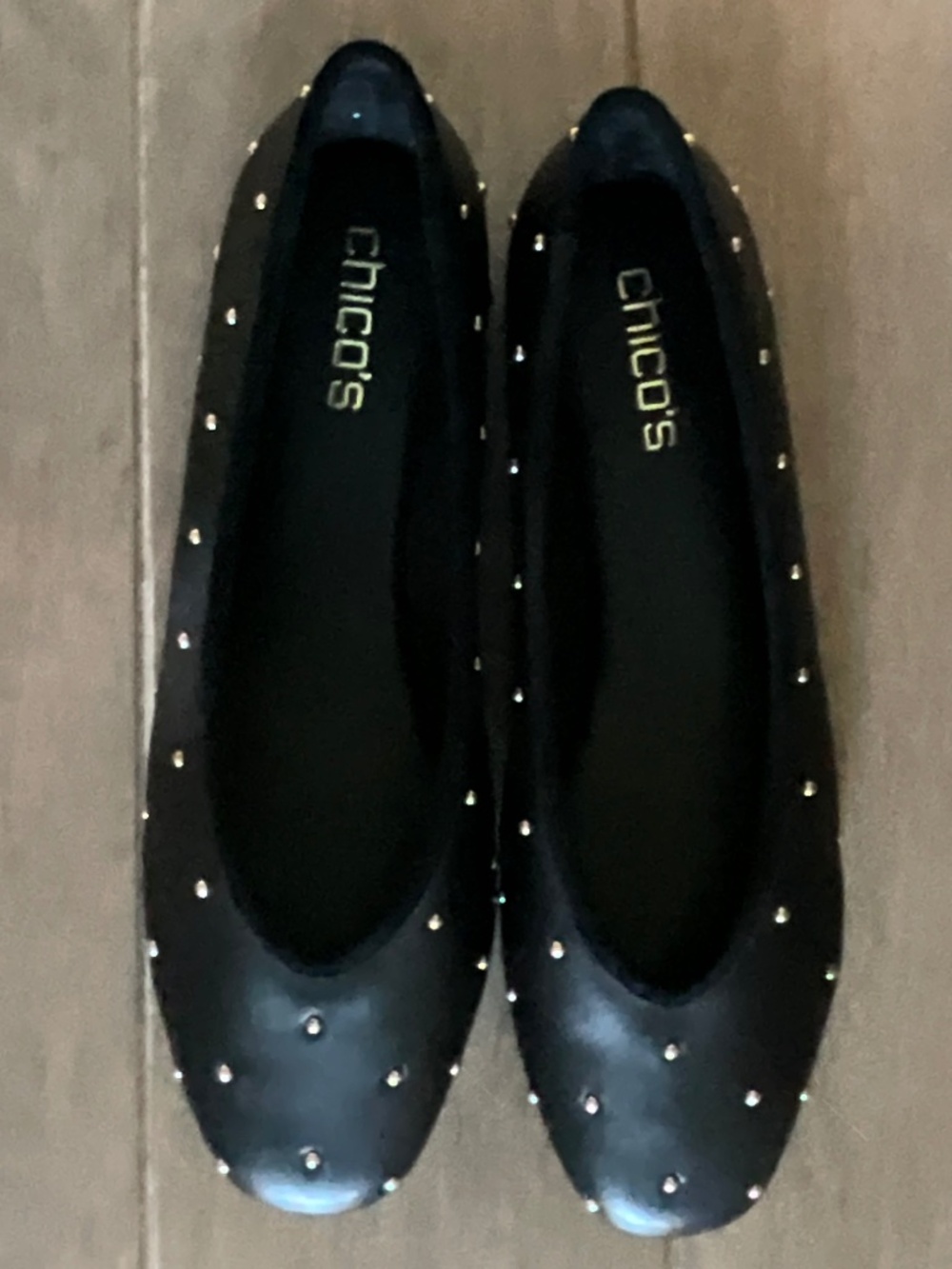 **Chico’s Black Studded Ballet Flats Gold Stud Slip-On Shoes Size 7.5 NWT**